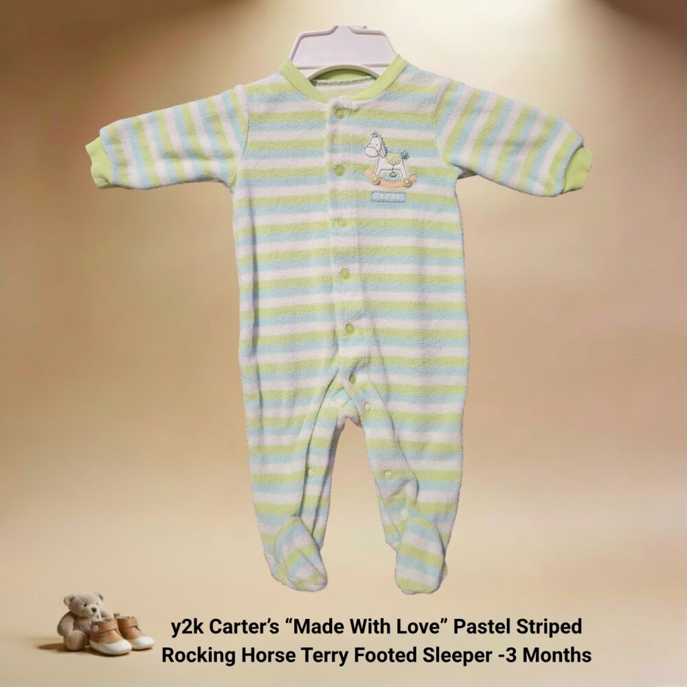y2k Carter’s “Made With Love” Pastel Striped‎ Rocking Horse Terry Footed Sleeper